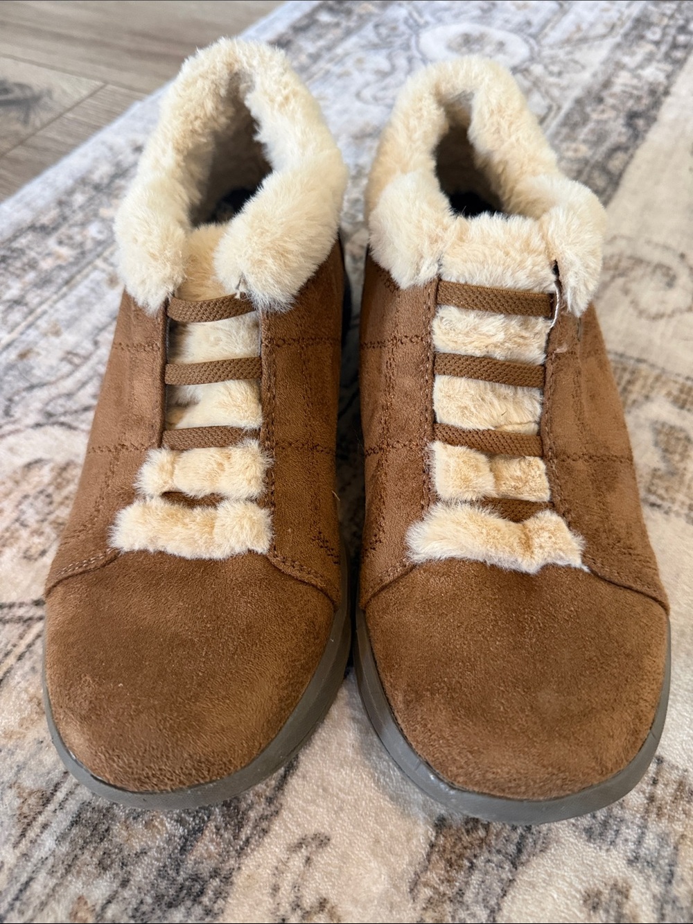 Bzees Chestnut Suede-Look Slip-On Sneakers with Cream Shearling Trim